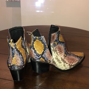 Snake skinned open side booties, never worn